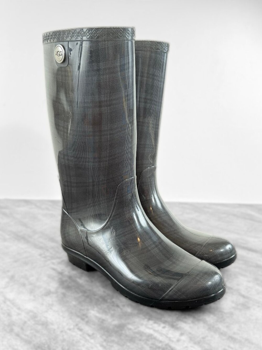 UGG Gray Plaid Rubber Waterproof Rain Boots Women's Size 9